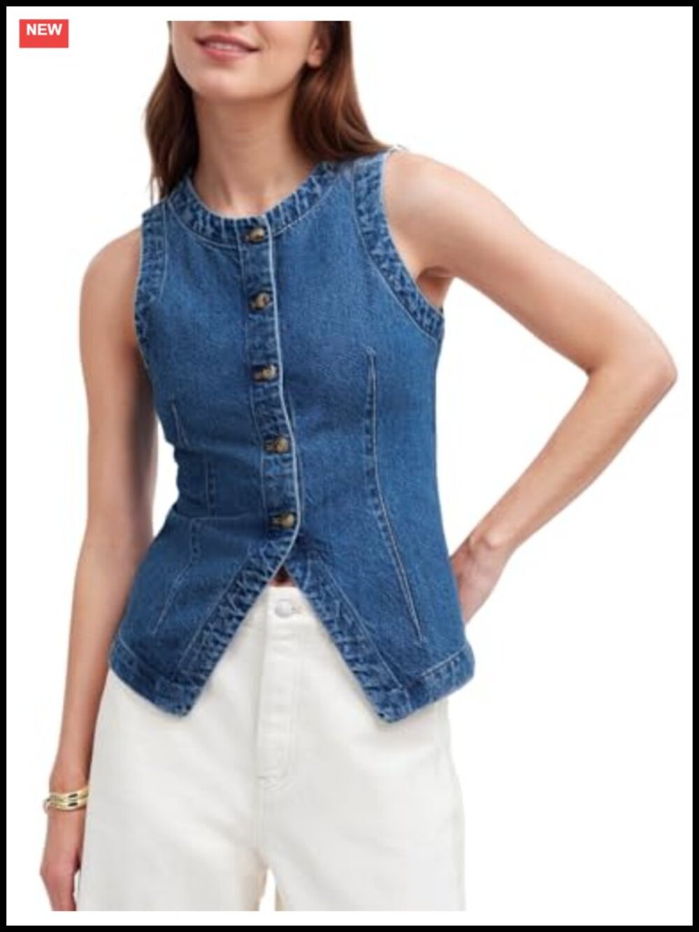 Women's Denim Vest Sleeveless Button Down Casual Jean Crewneck Waistcoat Denim